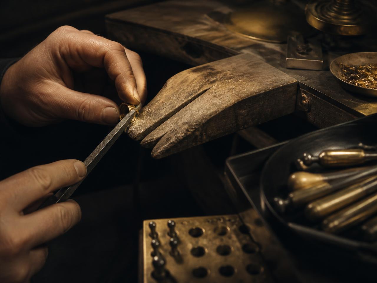 Taller de joyería trabajando una alianza de oro