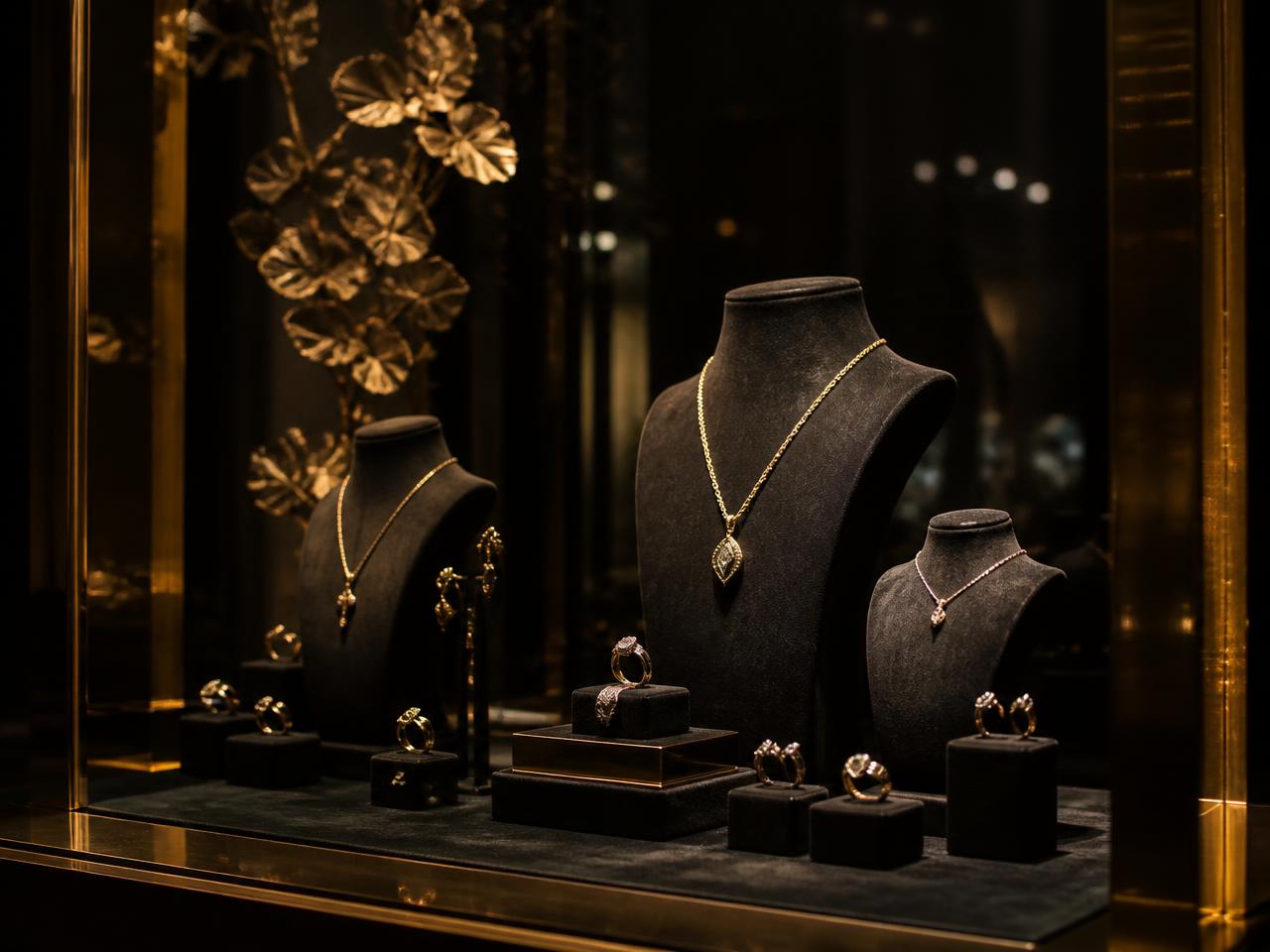 Escaparate de joyería con piezas expuestas