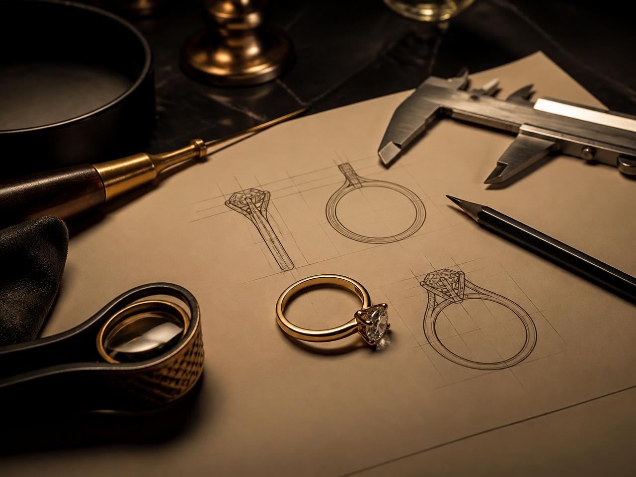 Bocetos técnicos de un anillo solitario en el estudio